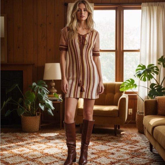 Free People Dresses & Skirts - Free People Retro 70s Festival Lollypop Crochet Mini Dress Sunset Combo Large